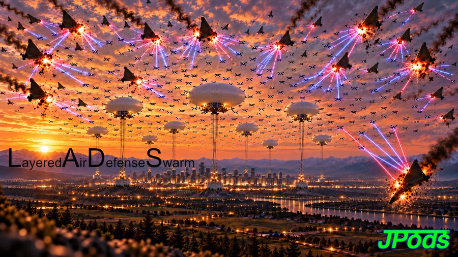 Artist's concept: tethered aerostats launch drone swarms that disable incoming attack drones over a city.