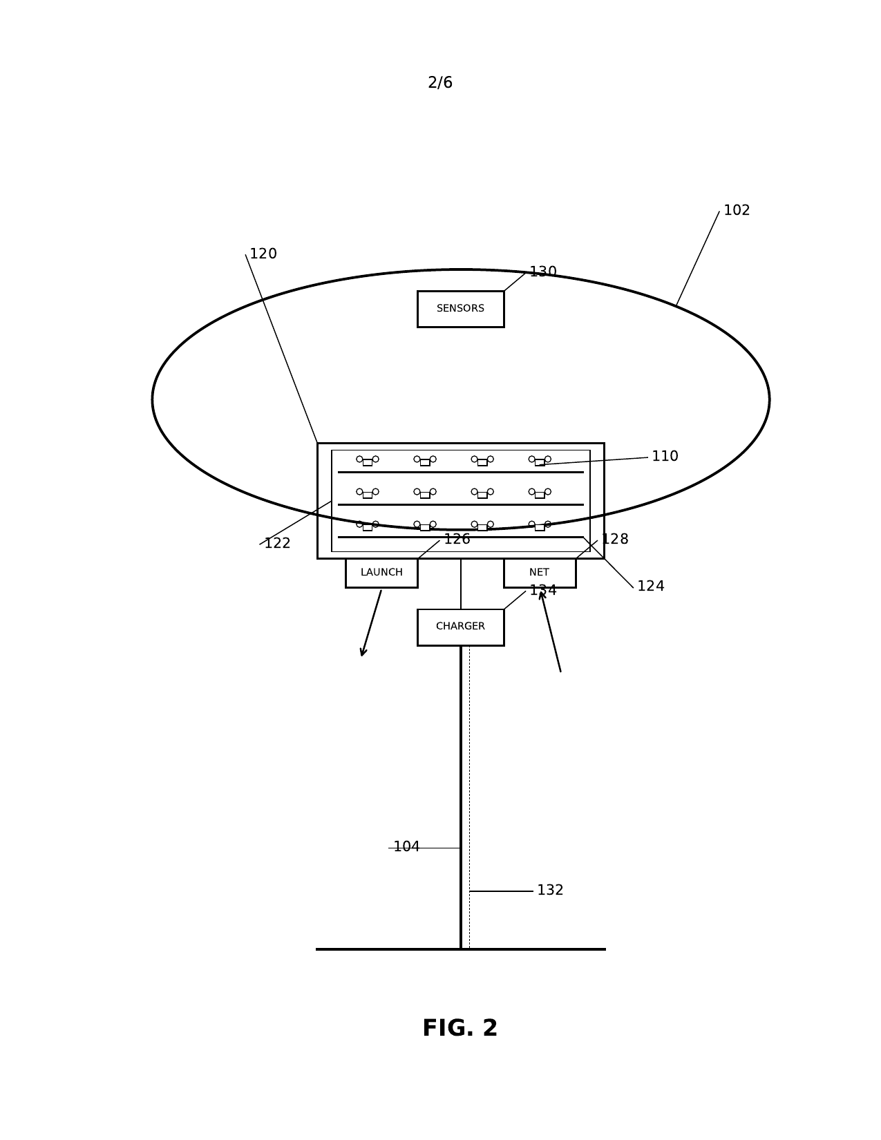 FIG. 2: section of a tethered aerostat showing hangar, racks, docking rails, launch and retrieval ports, sensors, and power through the tether.