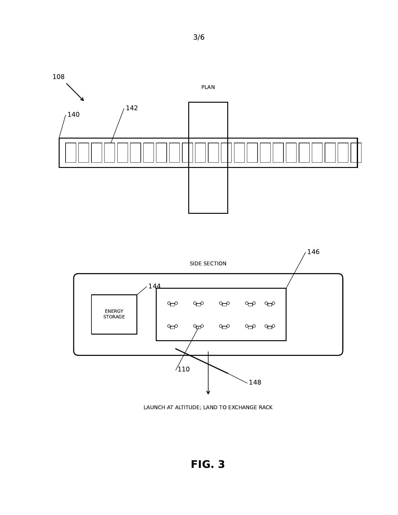FIG. 3: plan and side section of a solar fixed-wing aircraft with photovoltaic wings, energy storage, a removable drone rack and a launch door.