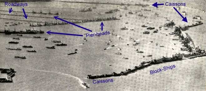 Aerial view of a Mulberry harbour, with labels for roadways, pier-heads, caissons and block-ships.