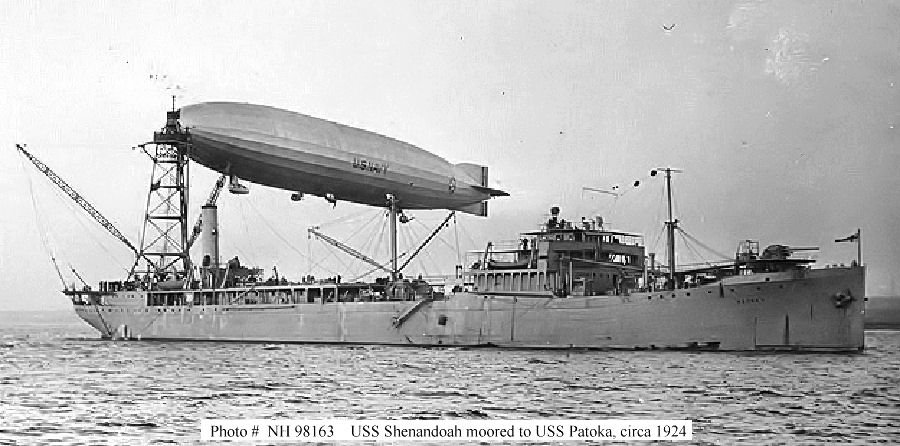 The rigid airship USS Shenandoah moored to the mast of the tender USS Patoka, about 1924.