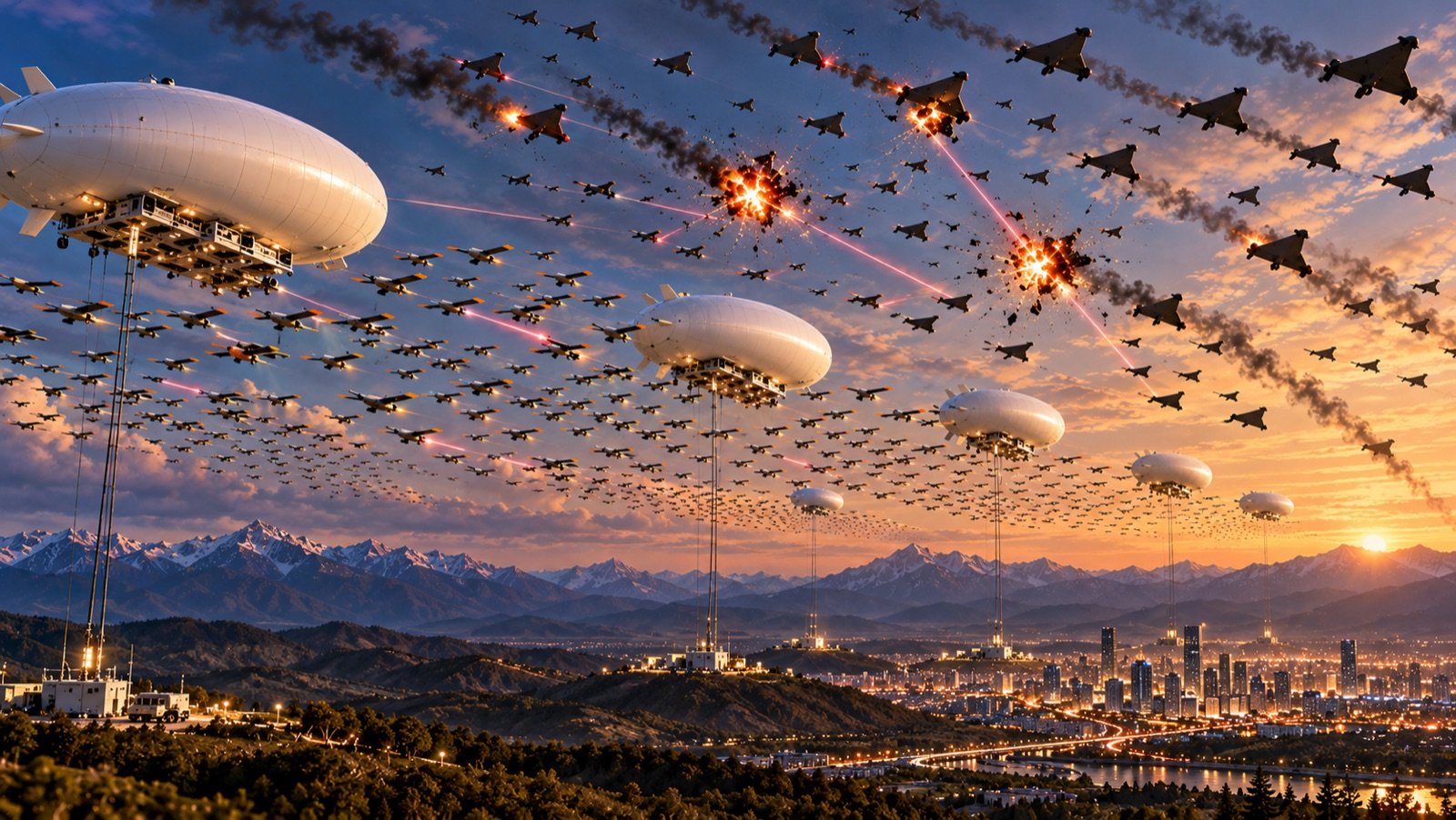 Artist's concept: aerostat-launched drone swarms intercept incoming attack drones above a city at sunset.