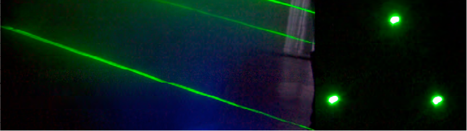 Three green laser beams converging, side view, and the three dots they make on the target.